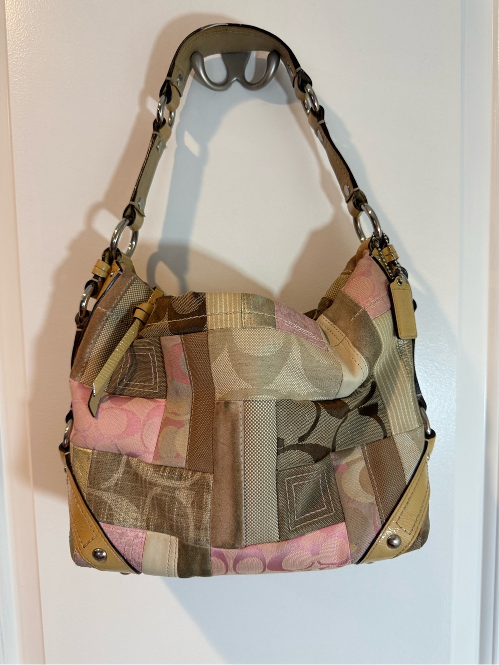 Coach Carly Patchwork Shoulder Hobo Bag in Pink and Tan
